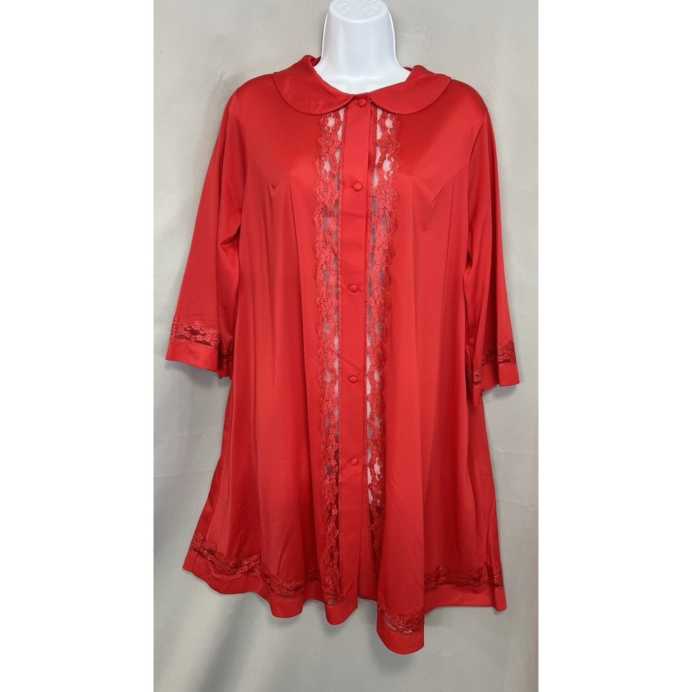 Vintage Shadowline Nightgown Red Lace Sz Medium Nylon Button Down